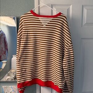Free People Brown & Cream Striped Crewneck with Red Trim in excellent condition